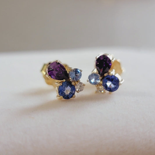 Gemstone Cluster Stud Earrings, Multi-Gemstone Color Earrings, 14K Solid Yellow Gold Birthstone Studs, Anniversary Gift, White Stud Earrings