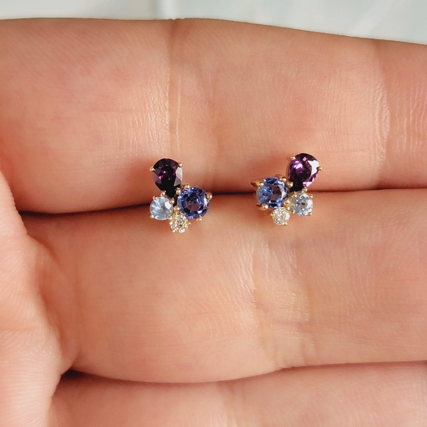 Gemstone Cluster Stud Earrings, Multi-Gemstone Color Earrings, 14K Solid Yellow Gold Birthstone Studs, Anniversary Gift, White Stud Earrings