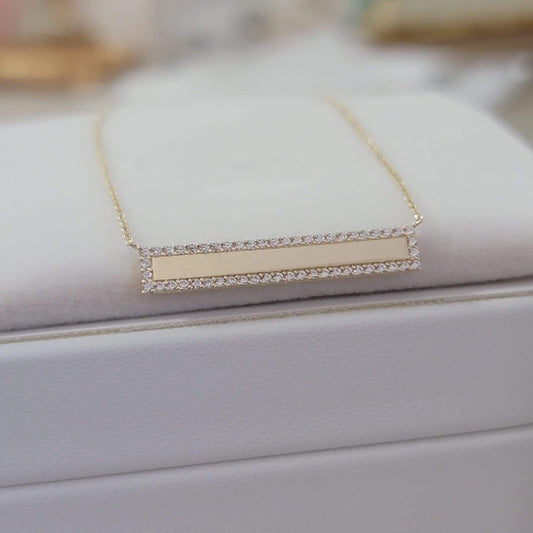 Diamond Bar Necklace, 14k Solid Gold Diamond Bar Necklace with Micro Pave Setting, Diamond Bar Trapeze Necklace, Layering Bar Necklace, Rose