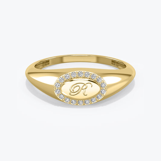 14K OVAL DIAMOND PAVE SIGNET RING