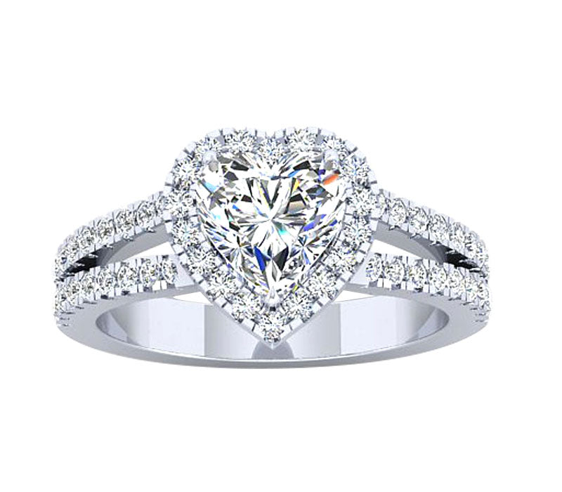 ROMANTIC SPLIT-SHANK HEART SHAPED HALO DIAMOND ENGAGEMENT RING