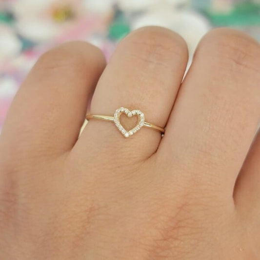 14K SOLID GOLD OPEN HEART DIAMOND RING