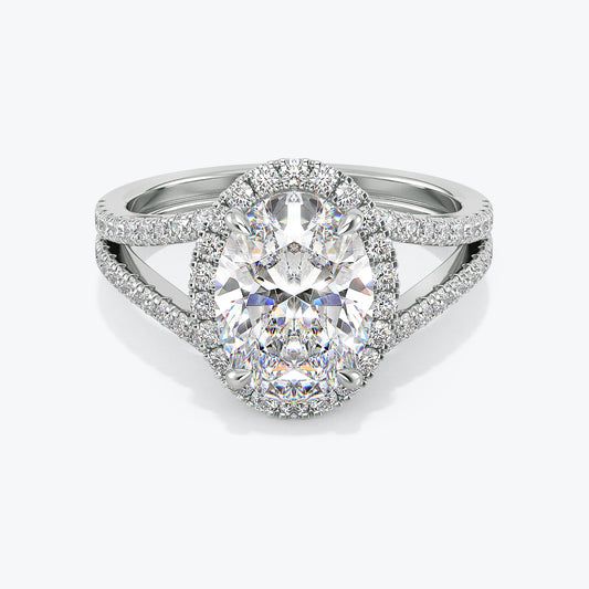 Lab-Grown 2.50 Carat F VS1 Oval Cut Diamond Split Shank Engagement Ring in 14k White Gold