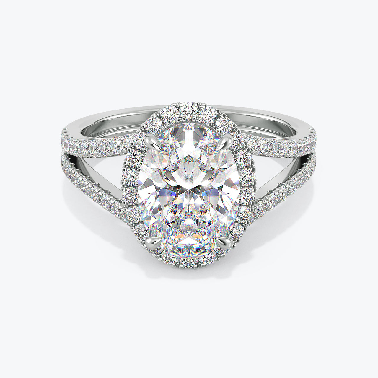 Lab-Grown 2.50 Carat F VS1 Oval Cut Diamond Split Shank Engagement Ring in 14k White Gold