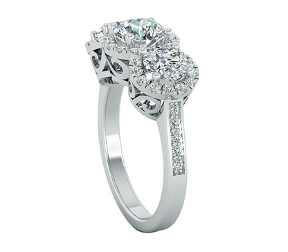 ENCHANTED THREE-STONE HALO DIAMOND ENGAGEMENT RING