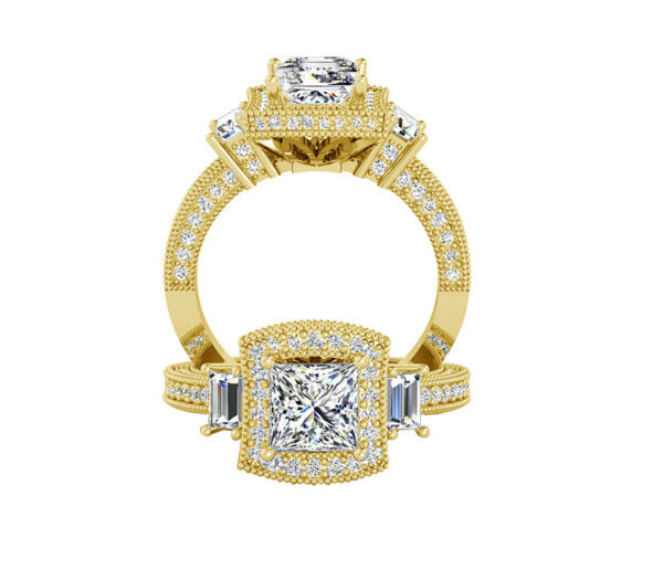 ADORABLE PRINCESS CUT 3 STONE HALO DIAMOND ENGAGEMENT RING