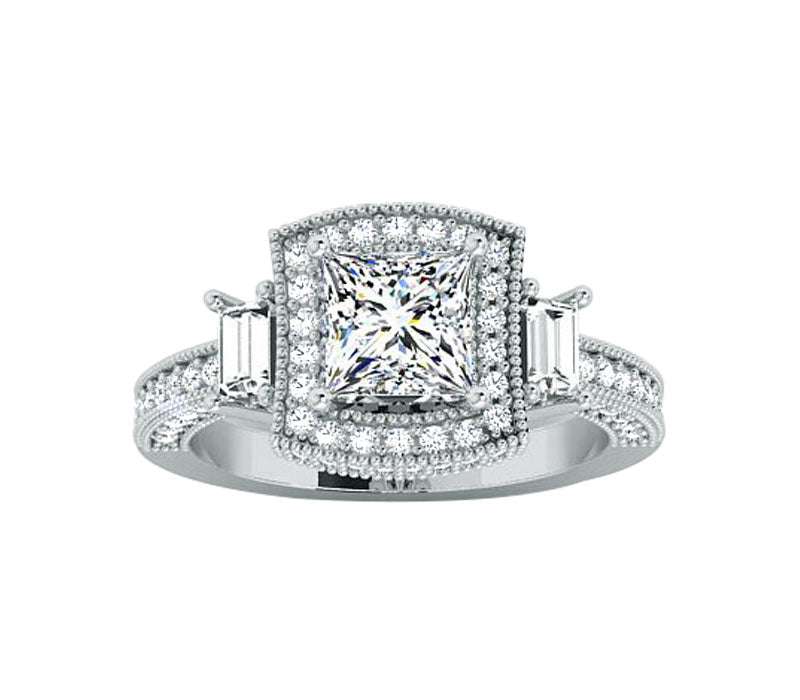 ADORABLE PRINCESS CUT 3 STONE HALO DIAMOND ENGAGEMENT RING