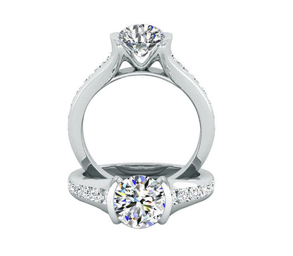 tapered shank white gold ring, channel set engagement ring, spark round diamond set on platinum ring, elegant diamond ring , 
