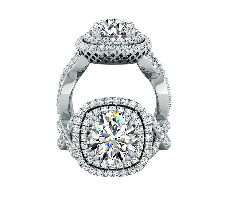 2,52 Carat G-F-SI1 Excellent Cut Round Diamond Twisted Pavé Halo Engagement Ring, Fabulous platinum ring