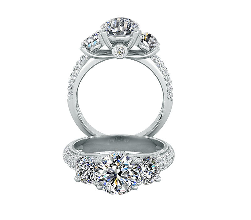 Three-Stone Petite Trellis Diamond Engagement Ring, French pavé-set diamonds, stylish bridal ring, handmade ring