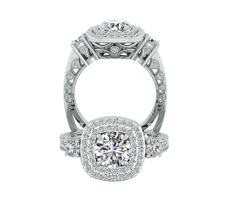 platinum engagement ring features french pavé-set diamonds arranged in a double halo around center diamond, hand made diamond ring in 18k solid gold and vs clarity diamonds