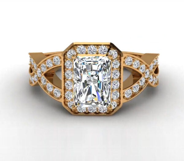 EMERALD CUT DIAMOND CRISS-CROSS SHANK ENGAGEMENT RING
