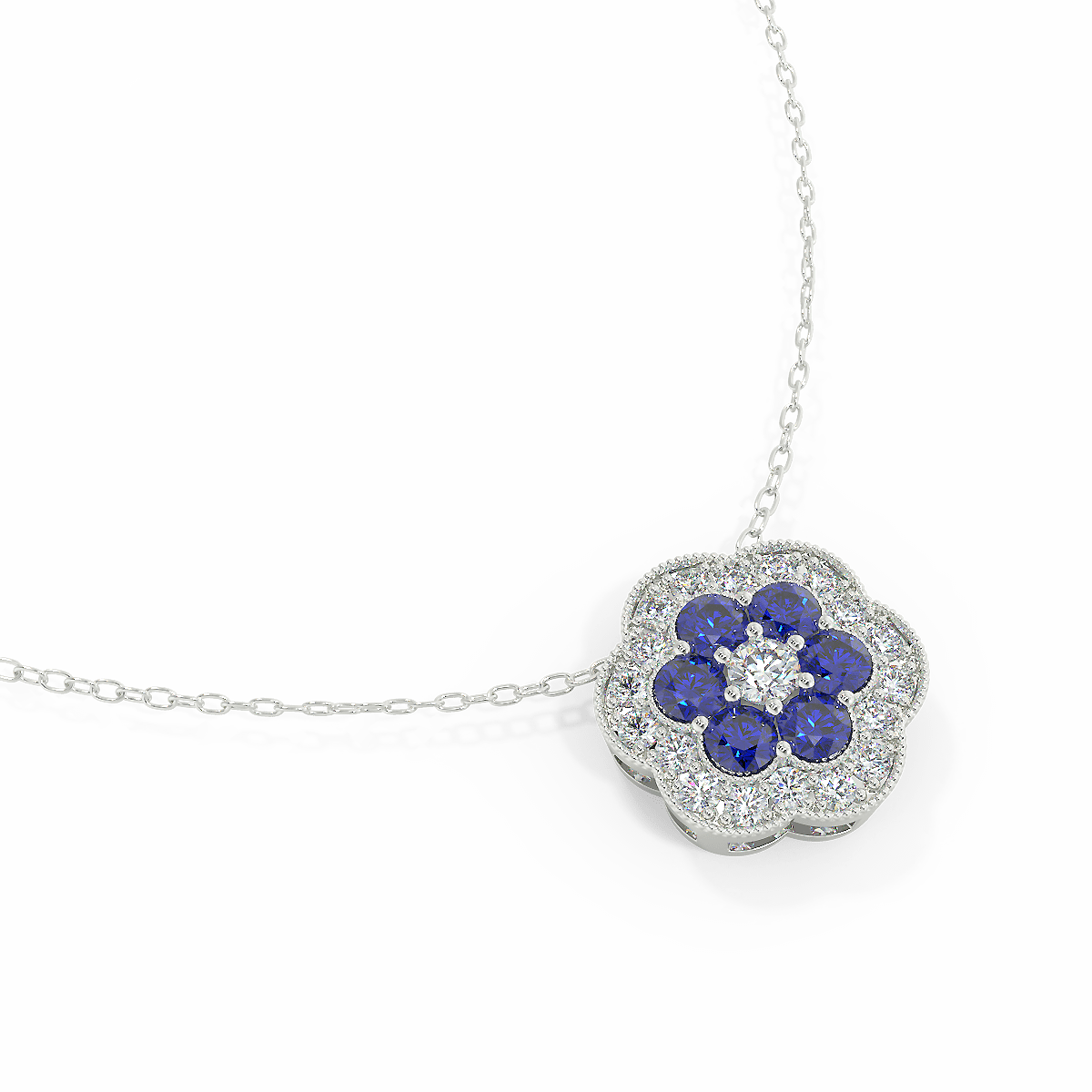 ELEGANT FLORAL ACCENT DIAMOND & BLUE SAPPHIRE NECKLACE