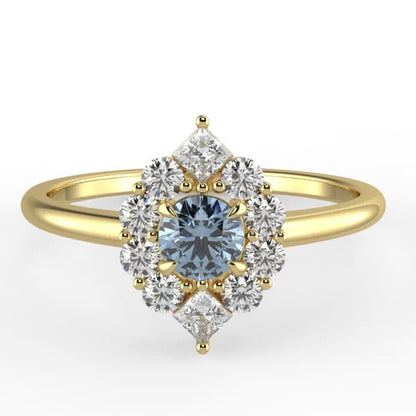 SOLITAIRE FANCY ROUND AQUAMARINE RING, 14K SOLID GOLD NATURAL DIAMOND ENGAGEMENT JEWELRY, DOUBLE FLORAL PROMISE BAND, CLUSTER BRIDAL SET