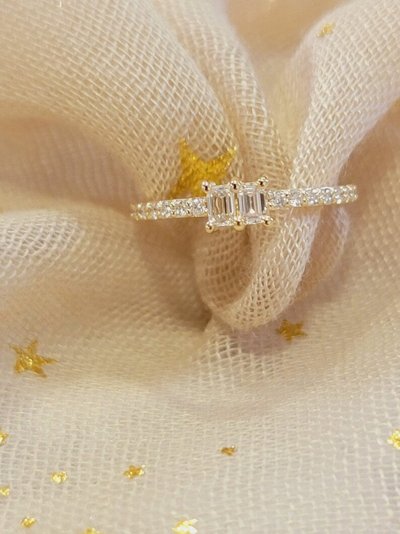 DIAMOND ENGAGEMENT RING, SOLID 14K GOLD TWIN BAGUETTE BAND, YELLOW HALF ETERNITY JEWELRY, WHITE MULTI GEM ANNIVERSARY CHARM, ROSE BRIDAL SET