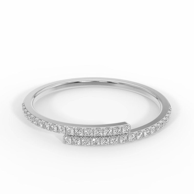 14K SOLID WHITE GOLD RING, CROSS OVER NATURAL DIAMOND BAND