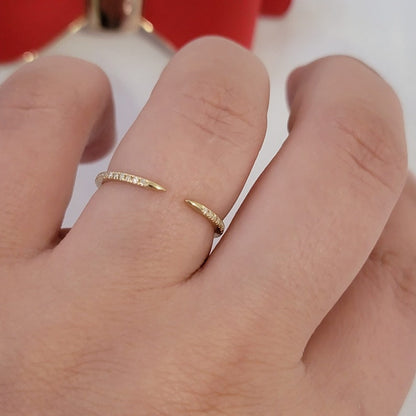OPEN CLAW SOLID 14K GOLD NATURAL DIAMOND RING, HALF ETERNITY STACKABLE BAND, DAINTY ADJUSTABLE AFFINITY JEWELRY, YELLOW WHITE ROSE MATCHING