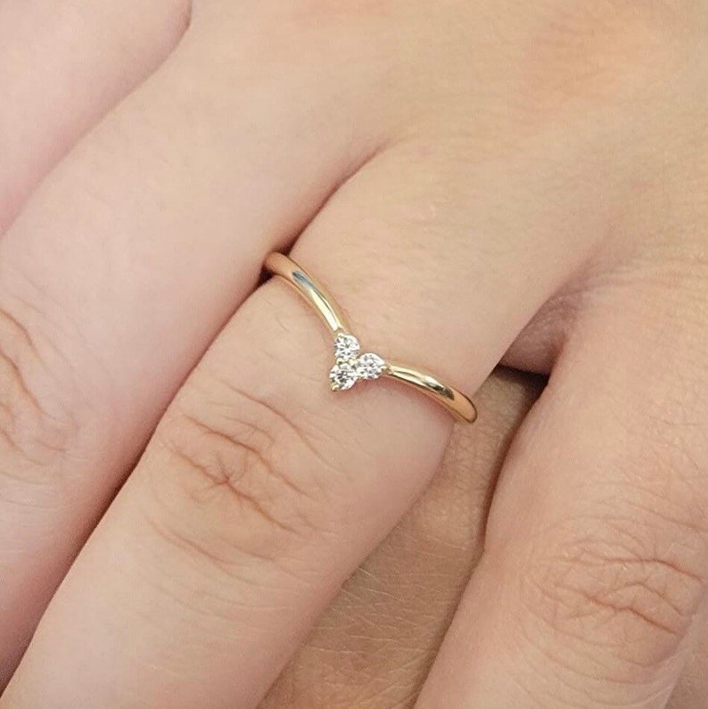 MULTI DIAMOND V SHAPE PROMISE RING, SOLID 14K GOLD STACKABLE CHEVRON BAND, ENHANCER GUARD ENGAGEMENT JEWELRY, ROUND CUT MATCHING BAND GIFT