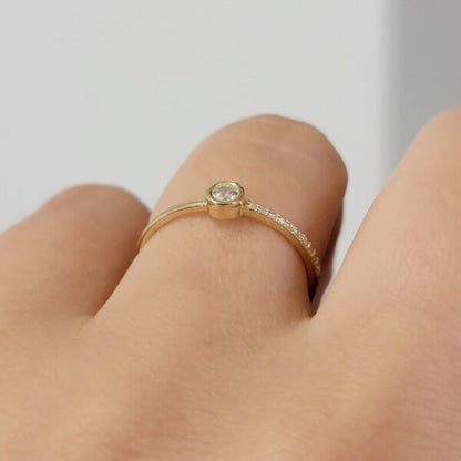 SOLITAIRE DIAMOND BEZEL SET RING, SOLID 14K GOLD SIMPLE BAND, MULTI STONE PROMISE RING, SINGLE GEM BRIDAL SET, STACKING ANNIVERSARY GIFT