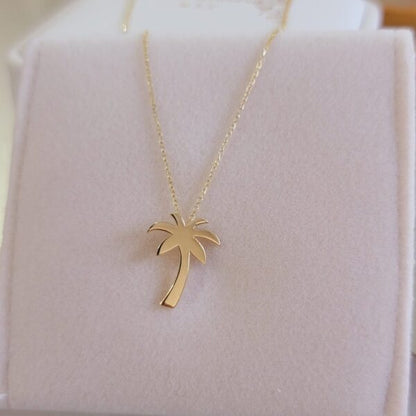 PALM TREE 14K SOLID GOLD NECKLACE, YELLOW ROSE WHITE BEACH CHAIN, CHIC SUMMER PENDANT CHARM, NATURE LOVERS COCONUT TREE, SEA LIFE JEWELRY