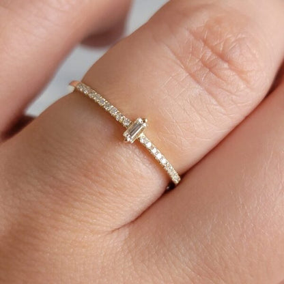 STACKABLE SOLITAIRE BAGUETTE DIAMOND RING, HALF ETERNITY MINED DIAMOND JEWELRY, SOLID 14K GOLD PROMISE BAND, TRENDY ANNIVERSARY SET FOR HER