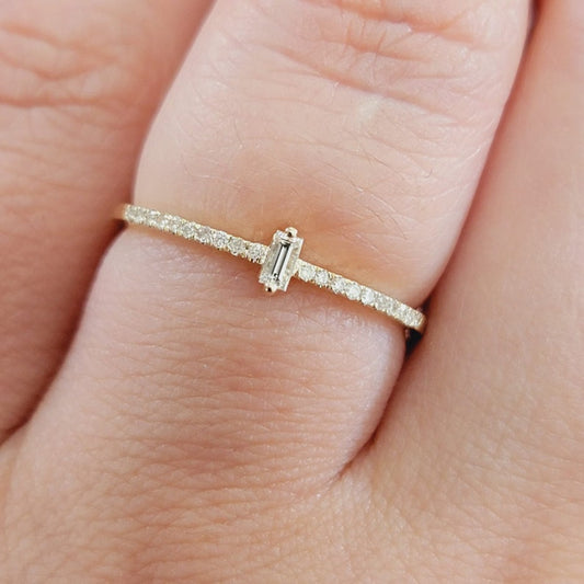 STACKABLE SOLITAIRE BAGUETTE DIAMOND RING, HALF ETERNITY MINED DIAMOND JEWELRY, SOLID 14K GOLD PROMISE BAND, TRENDY ANNIVERSARY SET FOR HER
