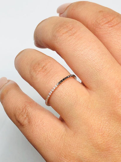 Black and White Diamond Wedding Band, Micro Pave Eternity  Band, Anniversary Ring, 14k Solid Gold Thin Dainty Band, Diamond Stackable Ring
