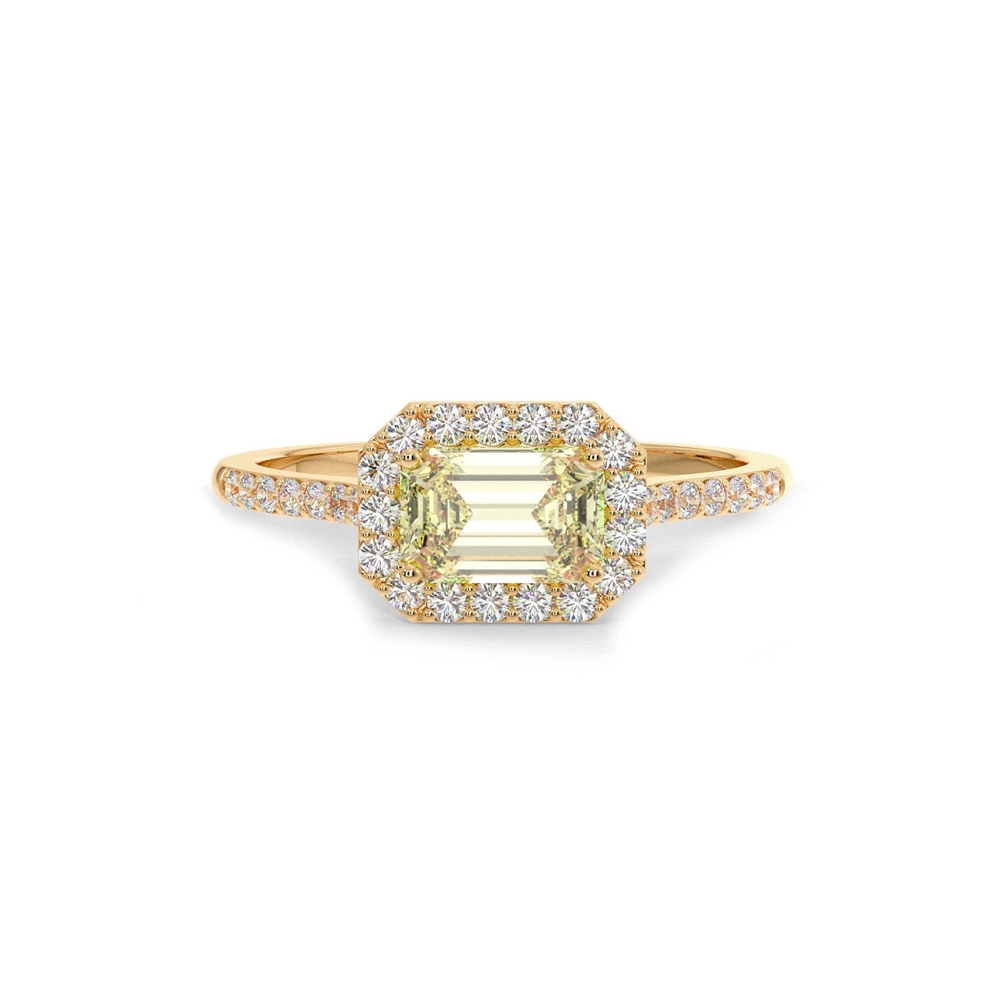 Emerald-Cut Engagement Ring, Gemstone and Diamond Engagement Ring, Birthstone Ring, Natural Green Peridot Diamond Ring, 14k Solid Gold Ring