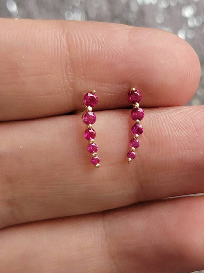 Curved Ruby Earrings, 14k Gold Studs, Ruby Studs, Ear Climber Earrings, Dainty Earrings, Minimalist Earrings, Ear Sweeps