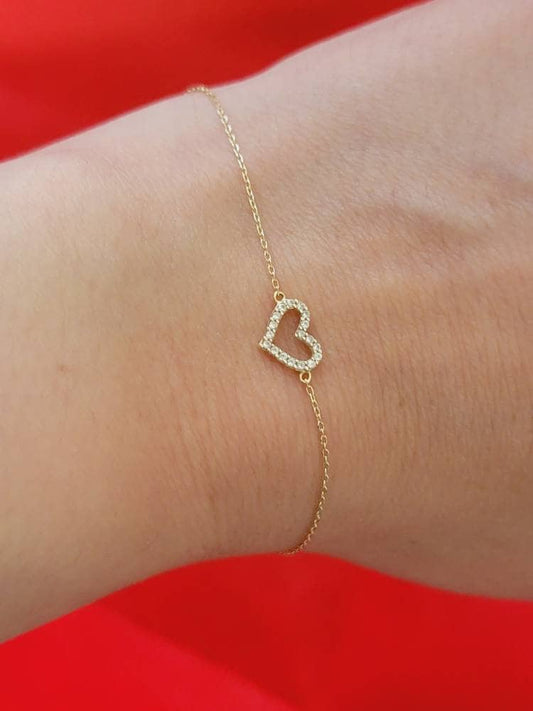 Diamond Bracelet, Diamond Heart Bracelet, Bracelet for Women, 14k Solid Gold Bracelet, Chain Bracelet, Charm Bracelet, Dainty Bracelet