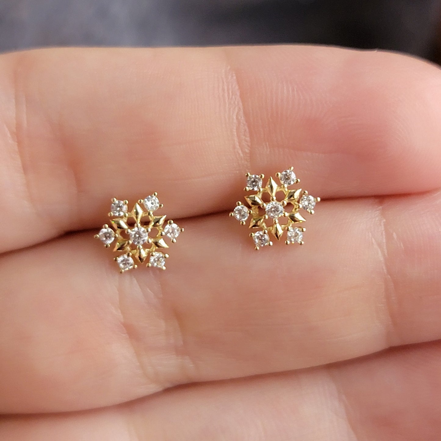 Snowflake Earrings, Diamond Earrings, Gold Snowflake Stud Earrings, Diamond Earrings For Women, Snowflake Studs, Diamond Gift For Woman