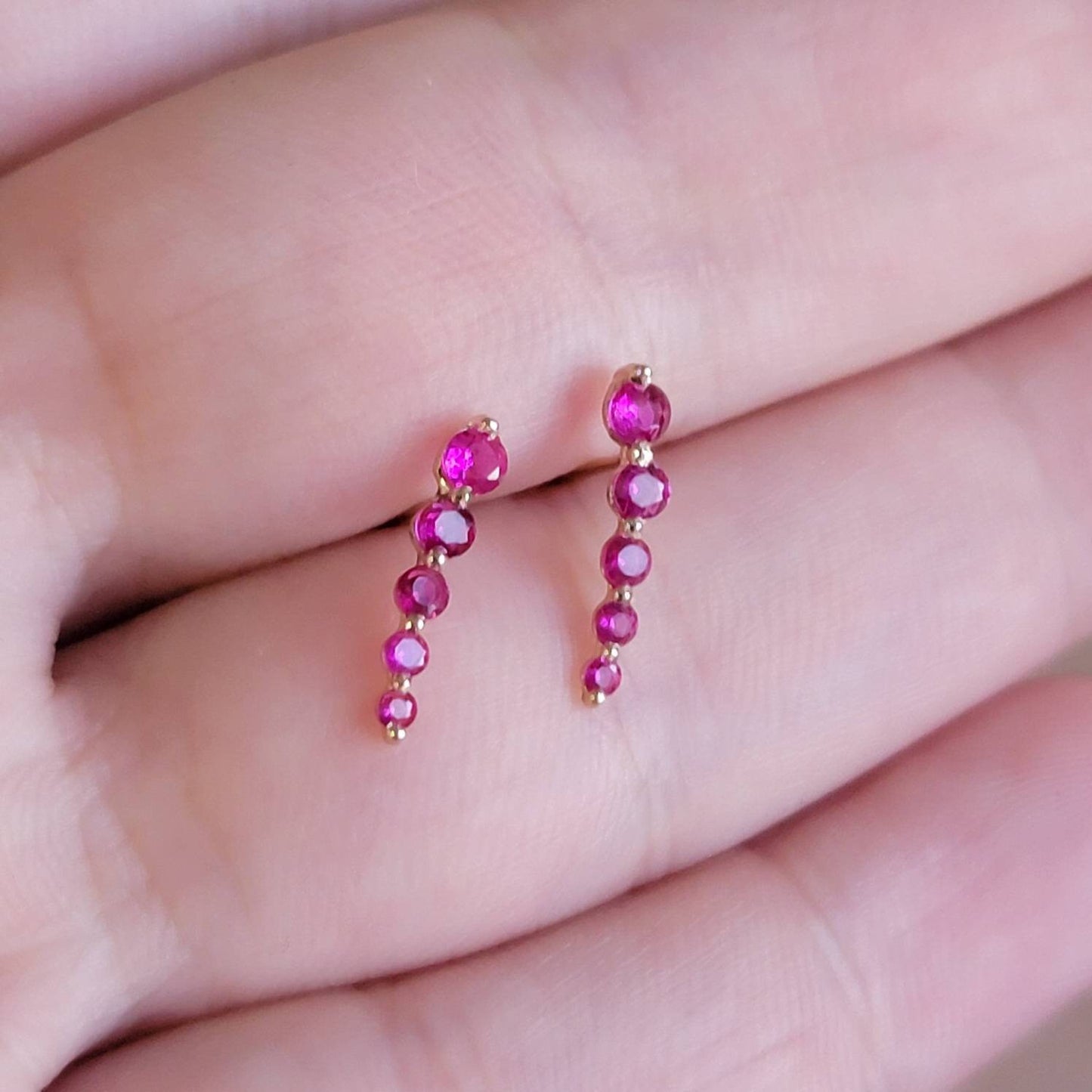 Curved Ruby Earrings, 14k Gold Studs, Ruby Studs, Ear Climber Earrings, Dainty Earrings, Minimalist Earrings, Ear Sweeps