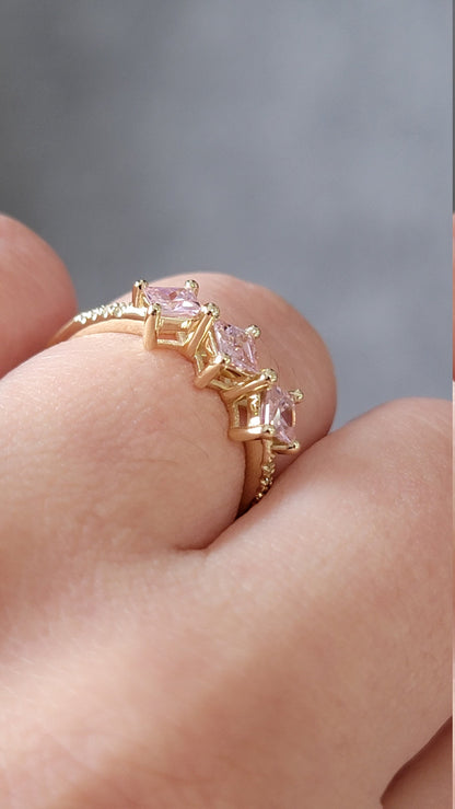 Pink Sapphire Ring, Diamond Engagement Ring, Three Stones Ring, Wedding Ring, Sapphire Ring, Pink Engagement Ring, Unique  Engagement Ring
