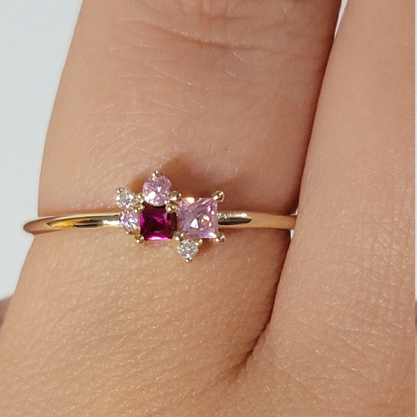 Ruby Diamond Ring in 14k Solid Gold, Cluster Diamond Ring, Personalized Ring, Birthstone Rings, Pink Sapphire and diamond Ring