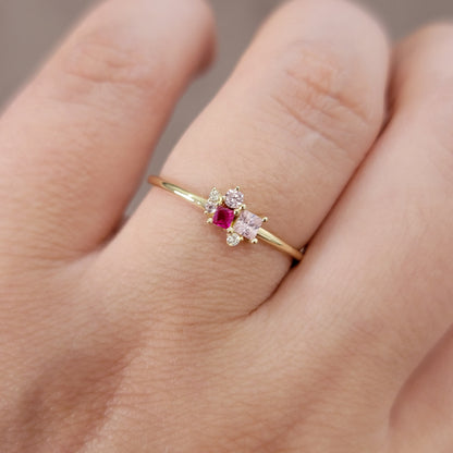 Ruby Diamond Ring in 14k Solid Gold, Cluster Diamond Ring, Personalized Ring, Birthstone Rings, Pink Sapphire and diamond Ring