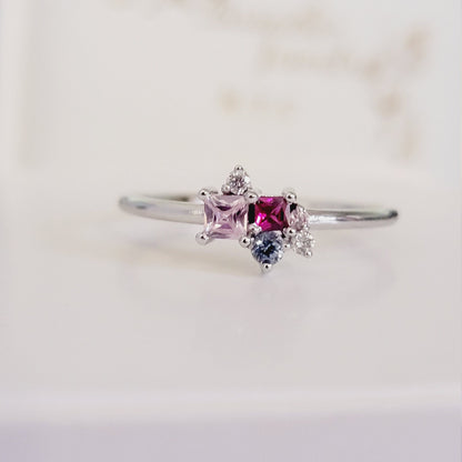 Aquamarine Ruby Pink Sapphire and Diamond Ring in 14k Solid White Gold, Cluster Gemstone Ring, Personalized gifts for mom, Birthstone Rings