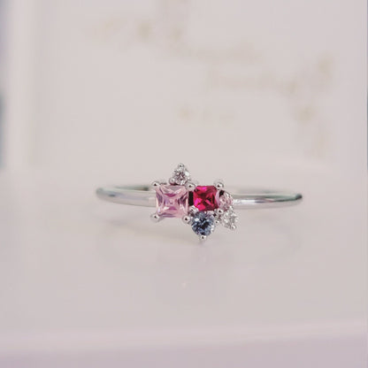 Aquamarine Ruby Pink Sapphire and Diamond Ring in 14k Solid White Gold, Cluster Gemstone Ring, Personalized gifts for mom, Birthstone Rings