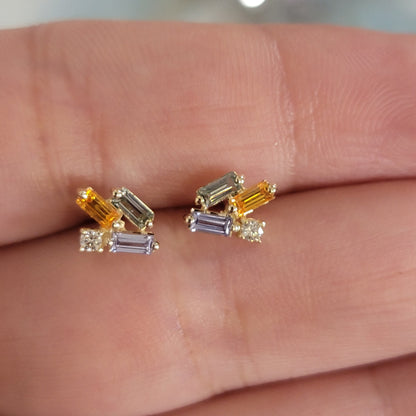 Color Gem Diamond Earrings, Cluster Stud Earrings, 14k Solid Gold Earrings, Minimalist Earrings, Multicolor Gem Stud Earrings, Dainty Studs