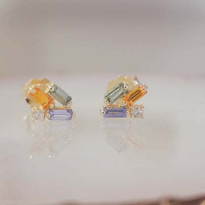Color Gem Diamond Earrings, Cluster Stud Earrings, 14k Solid Gold Earrings, Minimalist Earrings, Multicolor Gem Stud Earrings, Dainty Studs