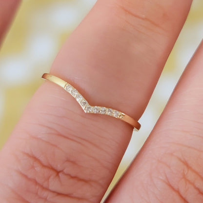 Curved Diamond Ring, Dainty Gold Ring for Women, 14 k Gold Diamond Wedding Band, V Shape Stacking Rose Gold Ring, Matching Band, Bridal Ring