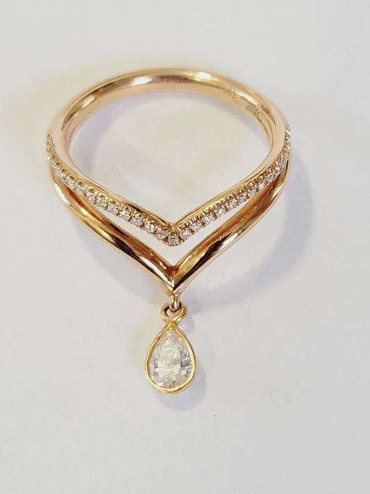 14k Gold  and Diamond V Ring Set, Chevron Ring