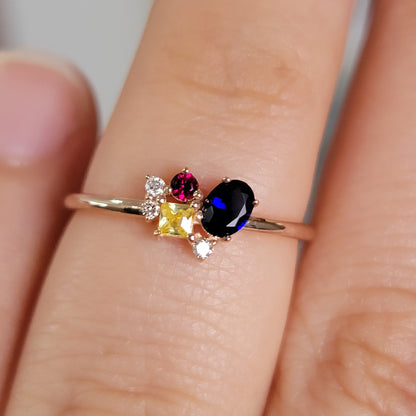 14k Gold Cluster Diamond and Gemstone Ring