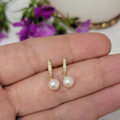 14k Diamond & Fresh Water Pearl Earrings, Pearl Earrings, Baby Girl Pearl Earrings, Minimalist Drop Earrings