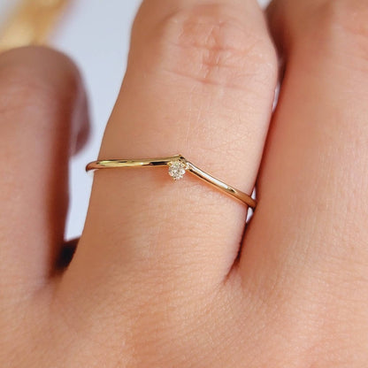 V Diamond Ring in 14k Gold, Curved Diamond Ring, Chevron Ring, Midi V Diamond Ring, Dainty Diamond Band, Stacking Ring, Matching Band