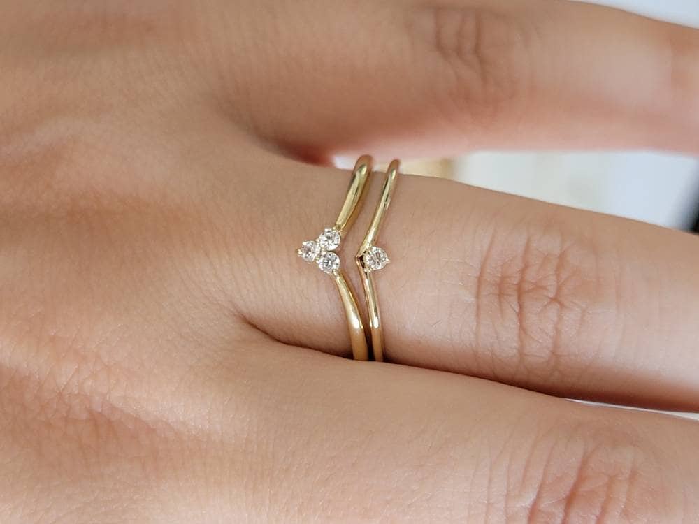 V Diamond Ring in 14k Gold, Curved Diamond Ring, Chevron Ring, Midi V Diamond Ring, Dainty Diamond Band, Stacking Ring, Matching Band