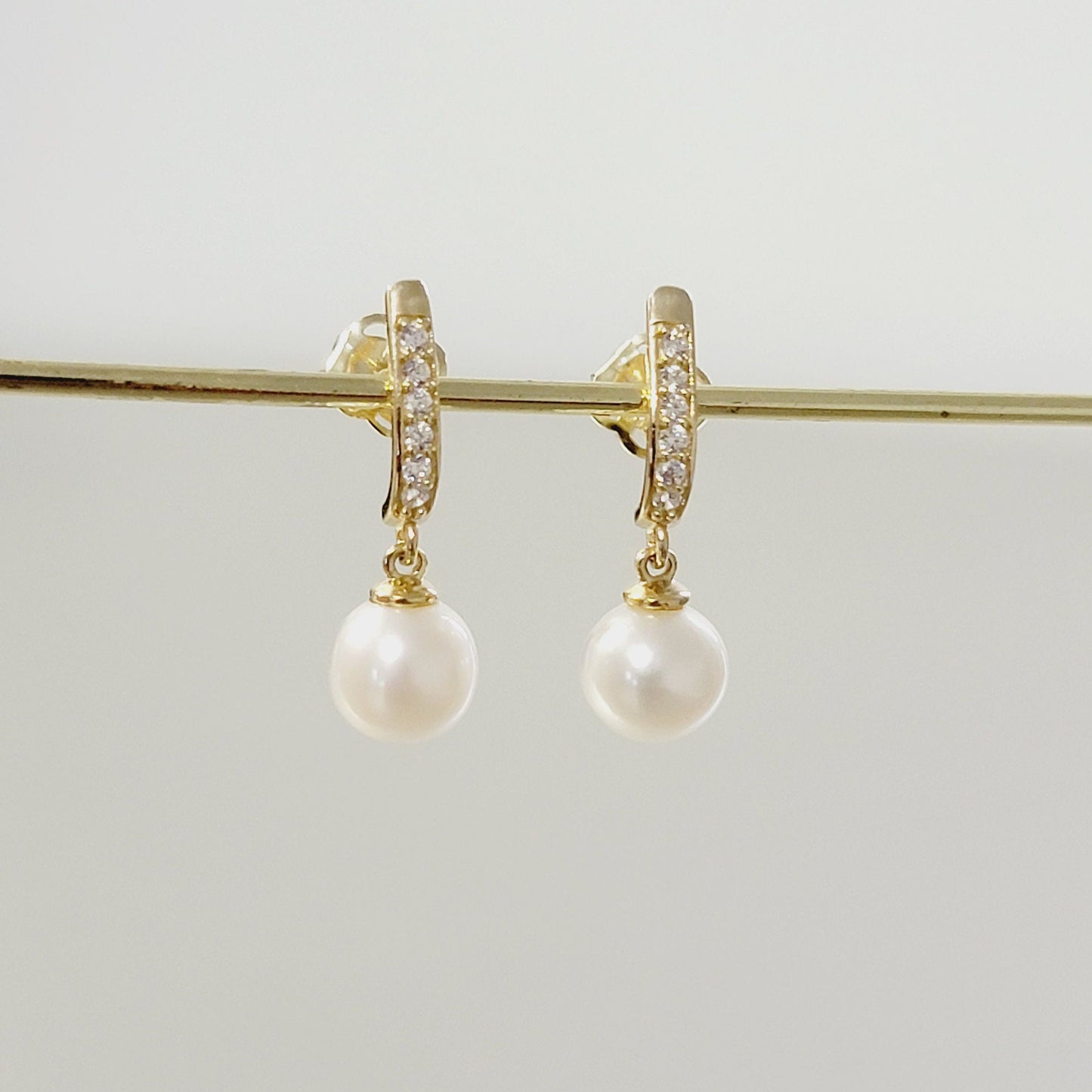 14k Diamond & Fresh Water Pearl Earrings, Pearl Earrings, Baby Girl Pearl Earrings, Minimalist Drop Earrings