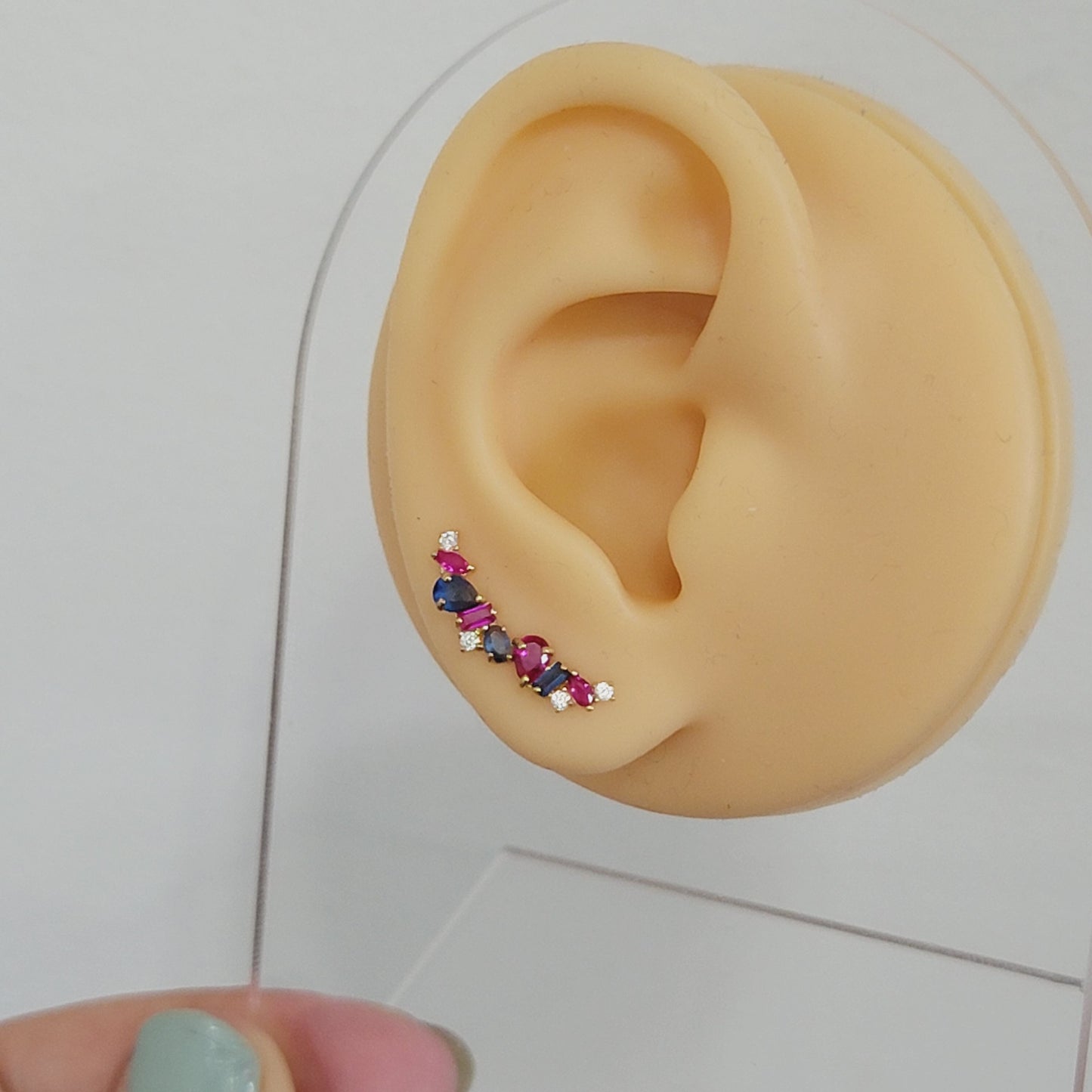 Gemstone Earrings, Ear Climber Earrings, Cluster Stud Earrings, 14k Solid Gold Earrings, Gemstone Stud, Ear Crawler Earrings, Curved Earring