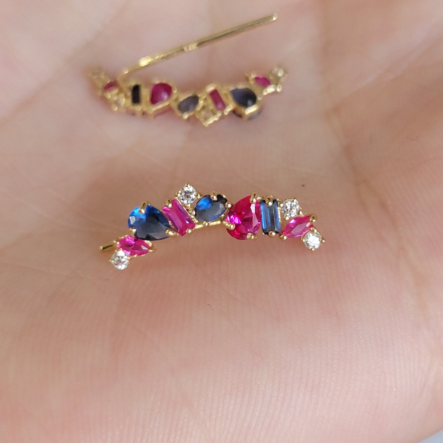 Gemstone Earrings, Ear Climber Earrings, Cluster Stud Earrings, 14k Solid Gold Earrings, Gemstone Stud, Ear Crawler Earrings, Curved Earring