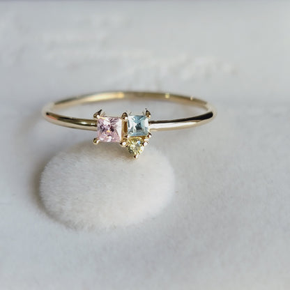 14k Cluster Gemstone Ring Square Pink sapphire and Aquamarine stone  in 14k solid gold