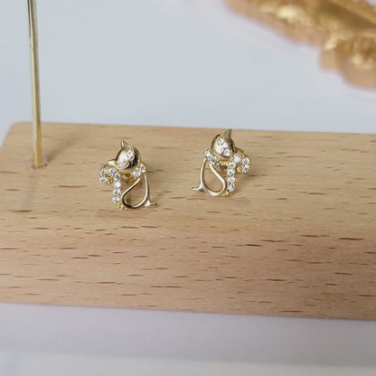 14k Gold Cat Earrings, 14K Diamond Cat Stud Earrings